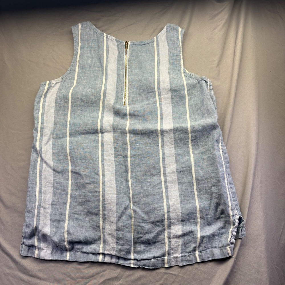 Ellen Tracy Linen Tank Top Blue White Striped Sleeveless Blouse Back Zip Mens L - Picture 3 of 8